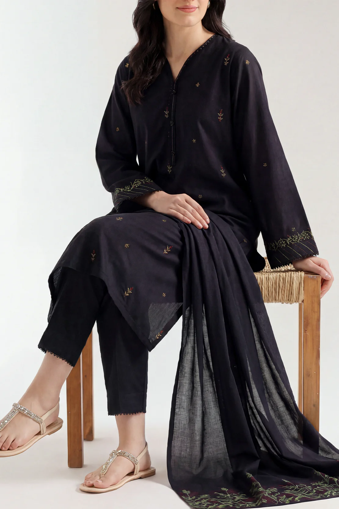 Solid Embroidered Cotton Stitched 2 Piece (Shirt/Trouser)