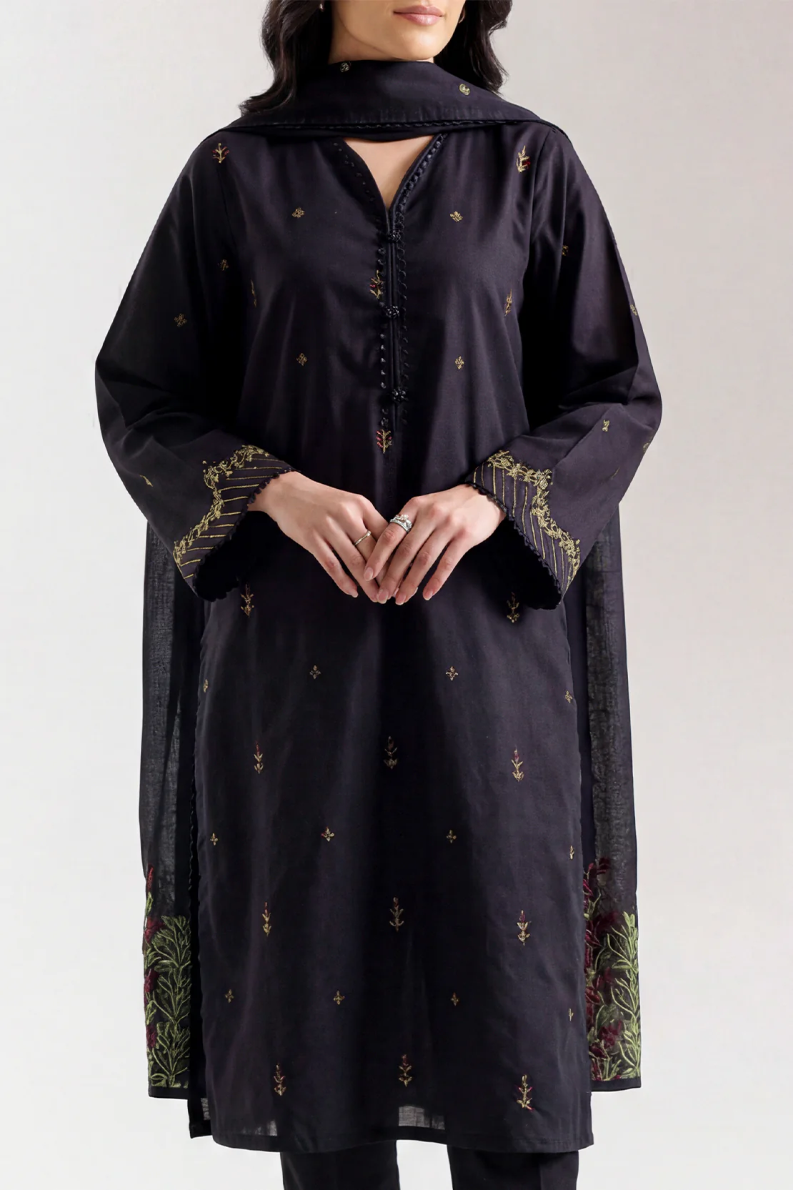 Solid Embroidered Cotton Stitched 2 Piece (Shirt/Trouser) - Image 2