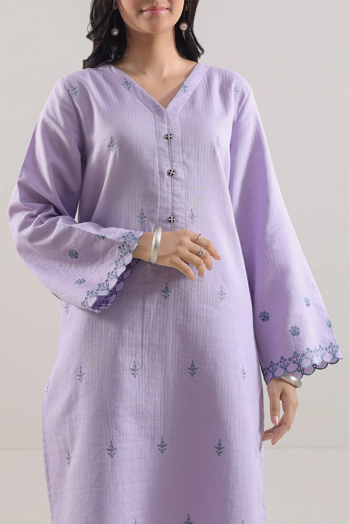 Solid Embroidered Cotton Stitched 2 Piece (Shirt/Trouser) - Image 2