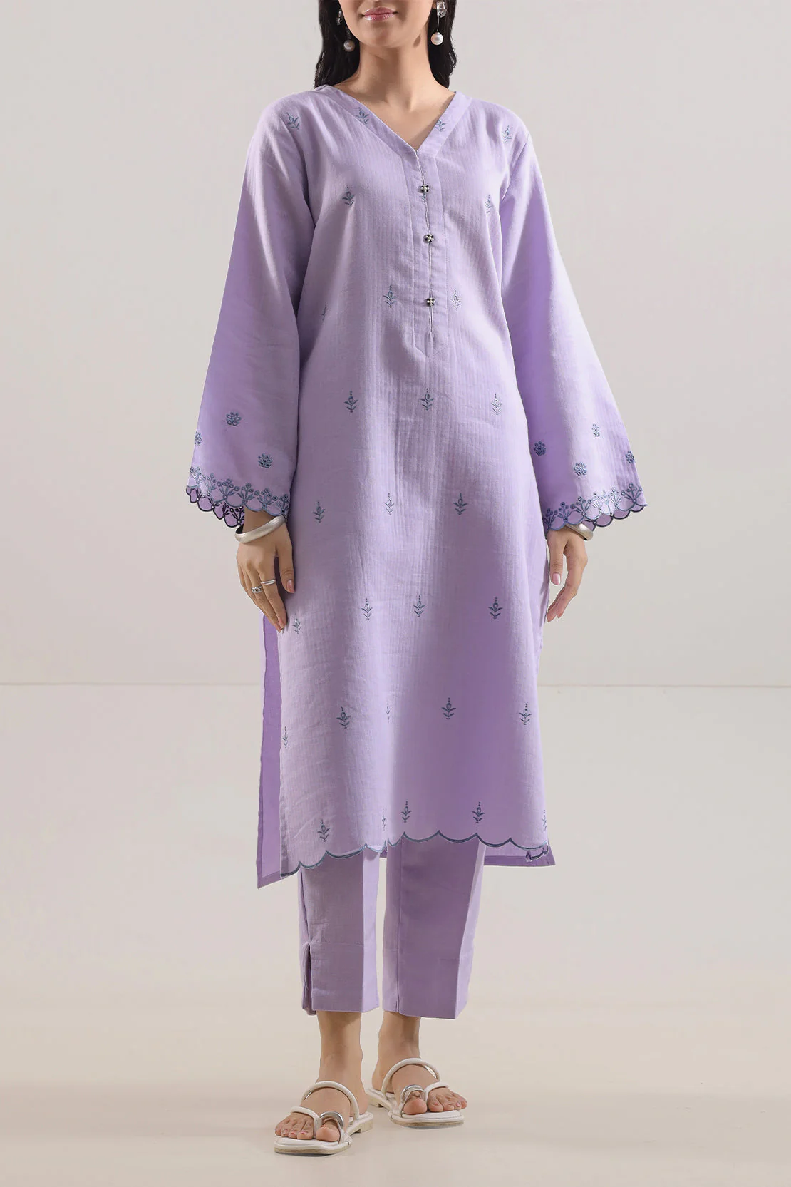 Solid Embroidered Cotton Stitched 2 Piece (Shirt/Trouser) - Image 3