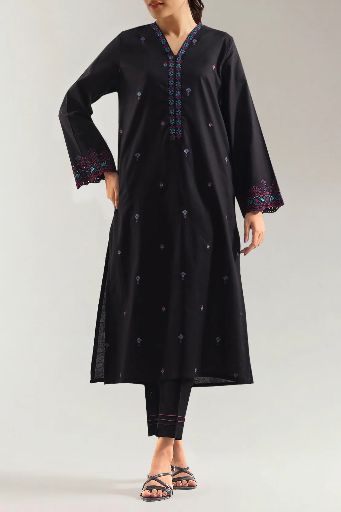 Solid Embroidered Cotton Stitched 2 Piece (Shirt/Trouser)