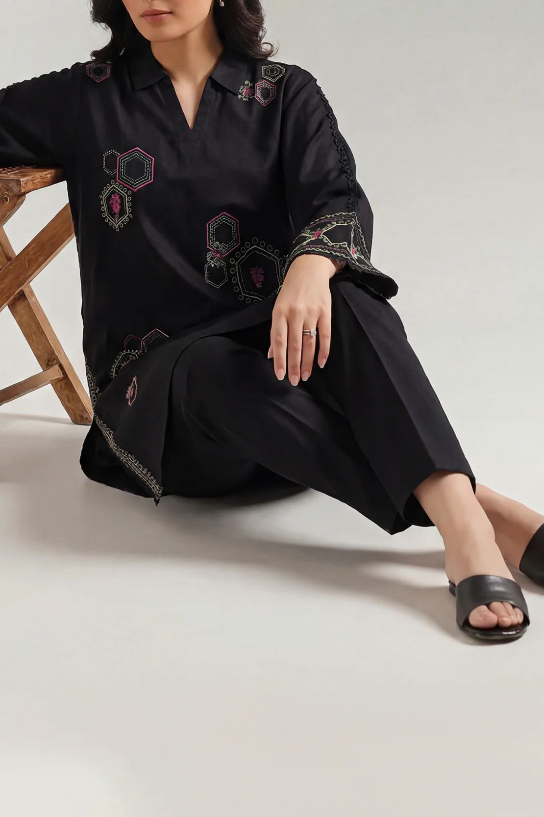 Solid Embroidered Cotton Stitched 2 Piece (Shirt/Trouser)