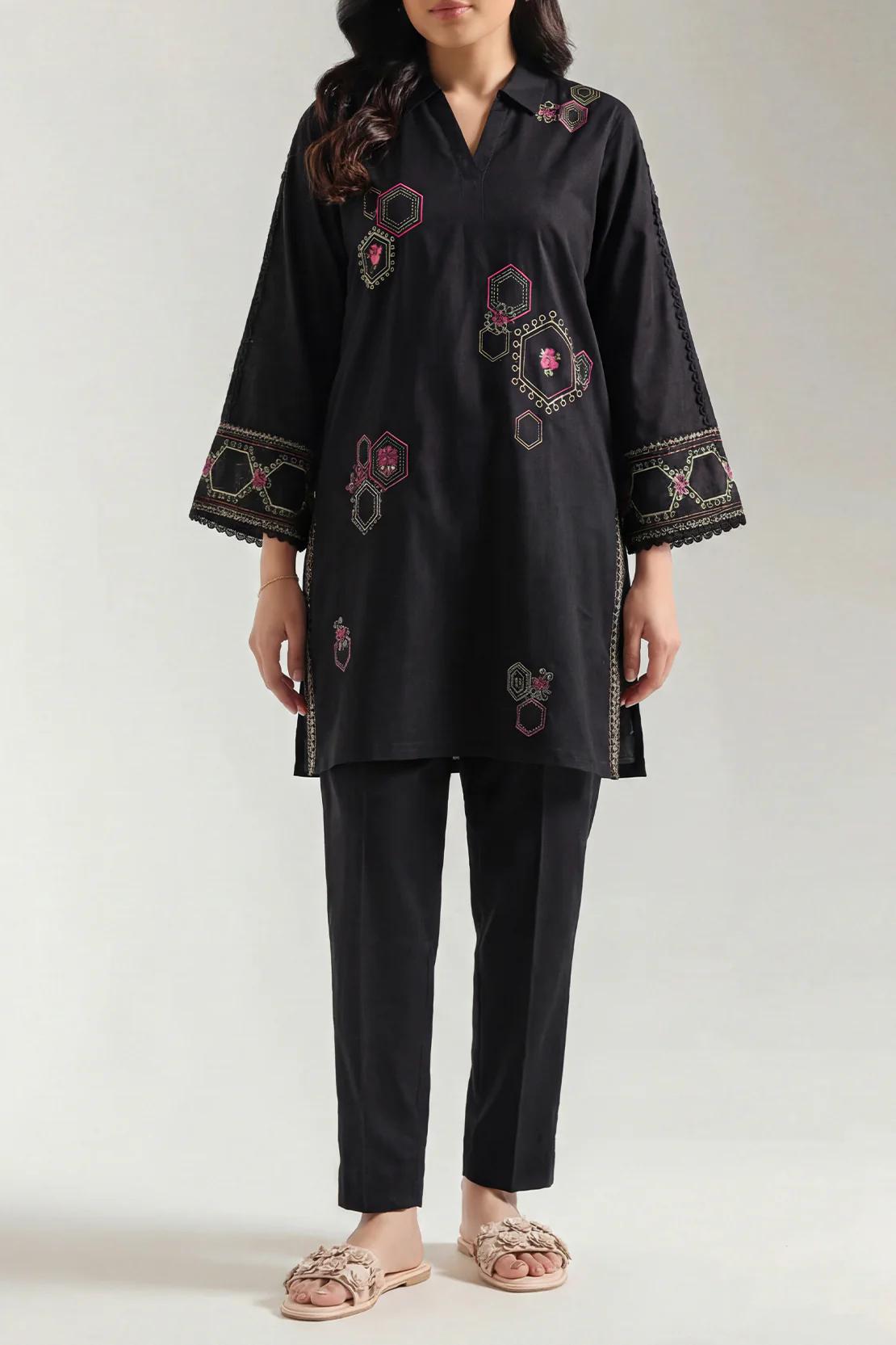 Solid Embroidered Cotton Stitched 2 Piece (Shirt/Trouser) - Image 2