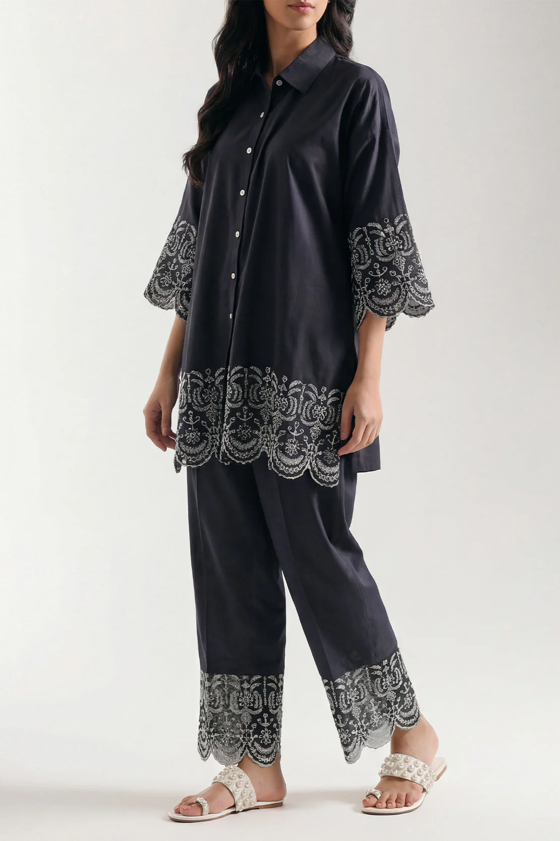 Solid Embroidered Cotton Stitched 2 Piece (Shirt/Trouser)