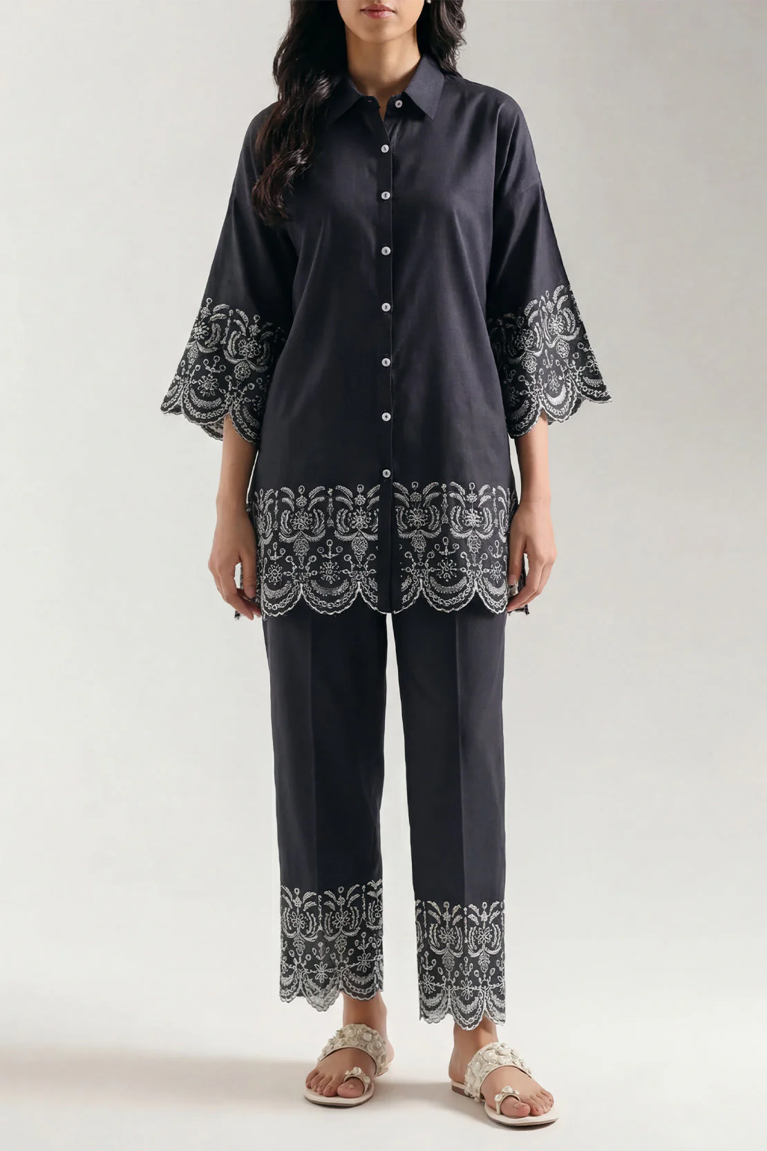 Solid Embroidered Cotton Stitched 2 Piece (Shirt/Trouser) - Image 2