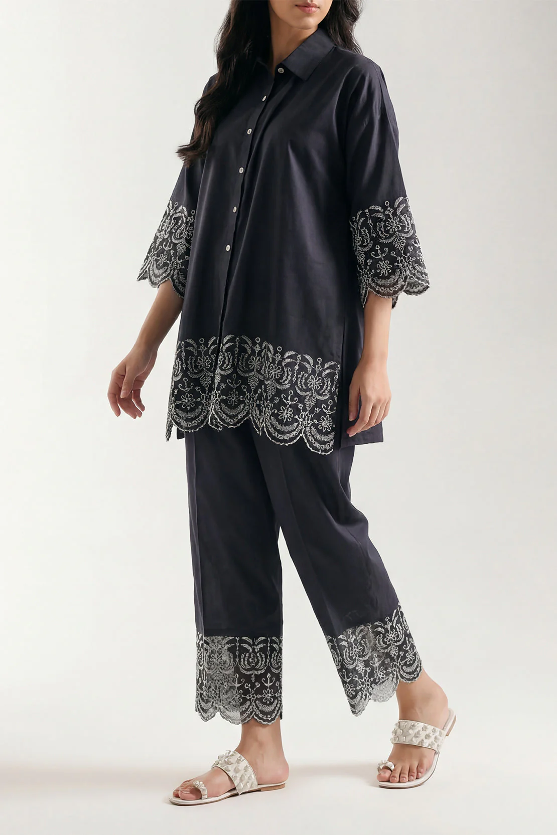 Solid Embroidered Cotton Stitched 2 Piece (Shirt/Trouser) - Image 3