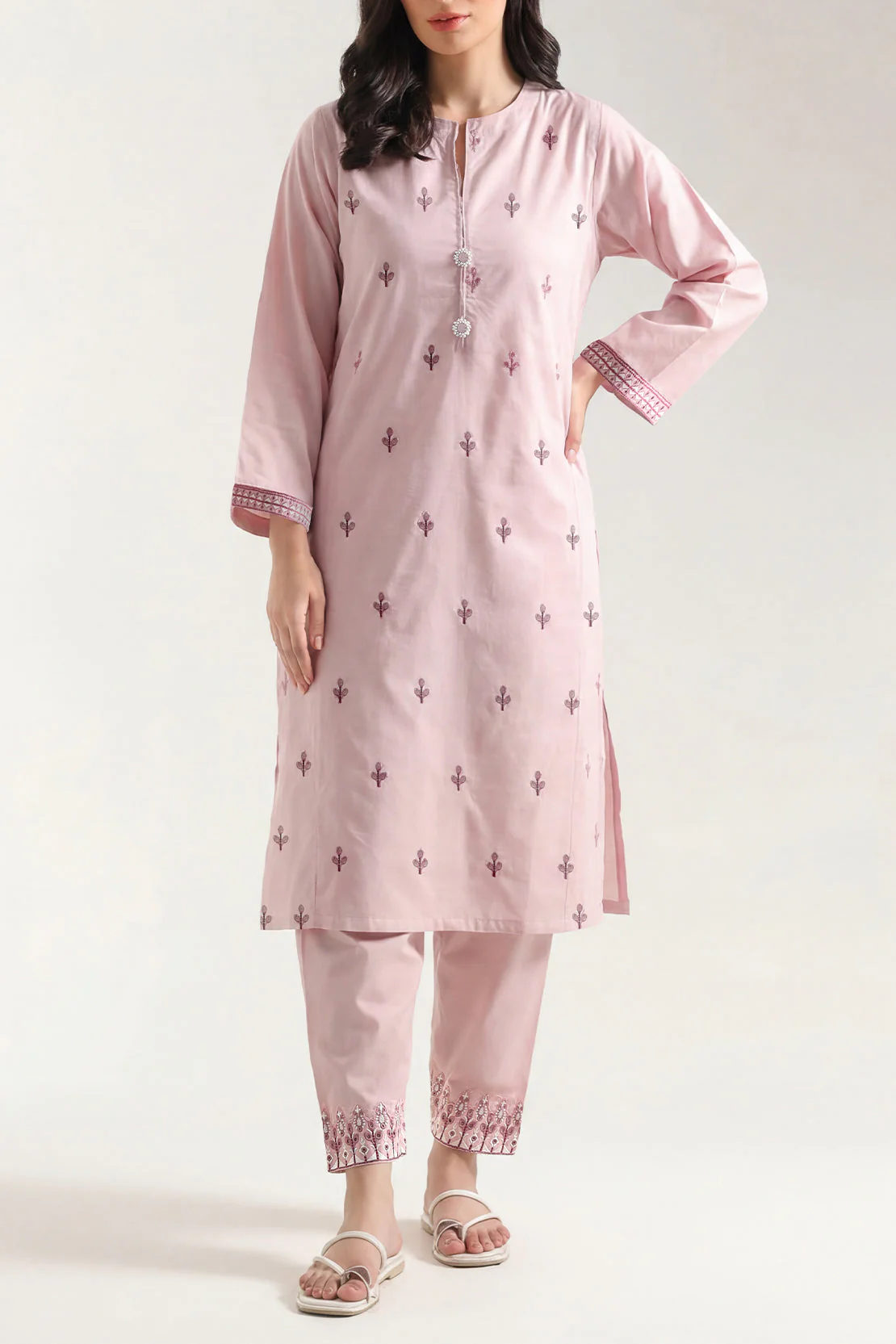 Solid Embroidered Cotton Stitched 2 Piece (Shirt/Trouser)