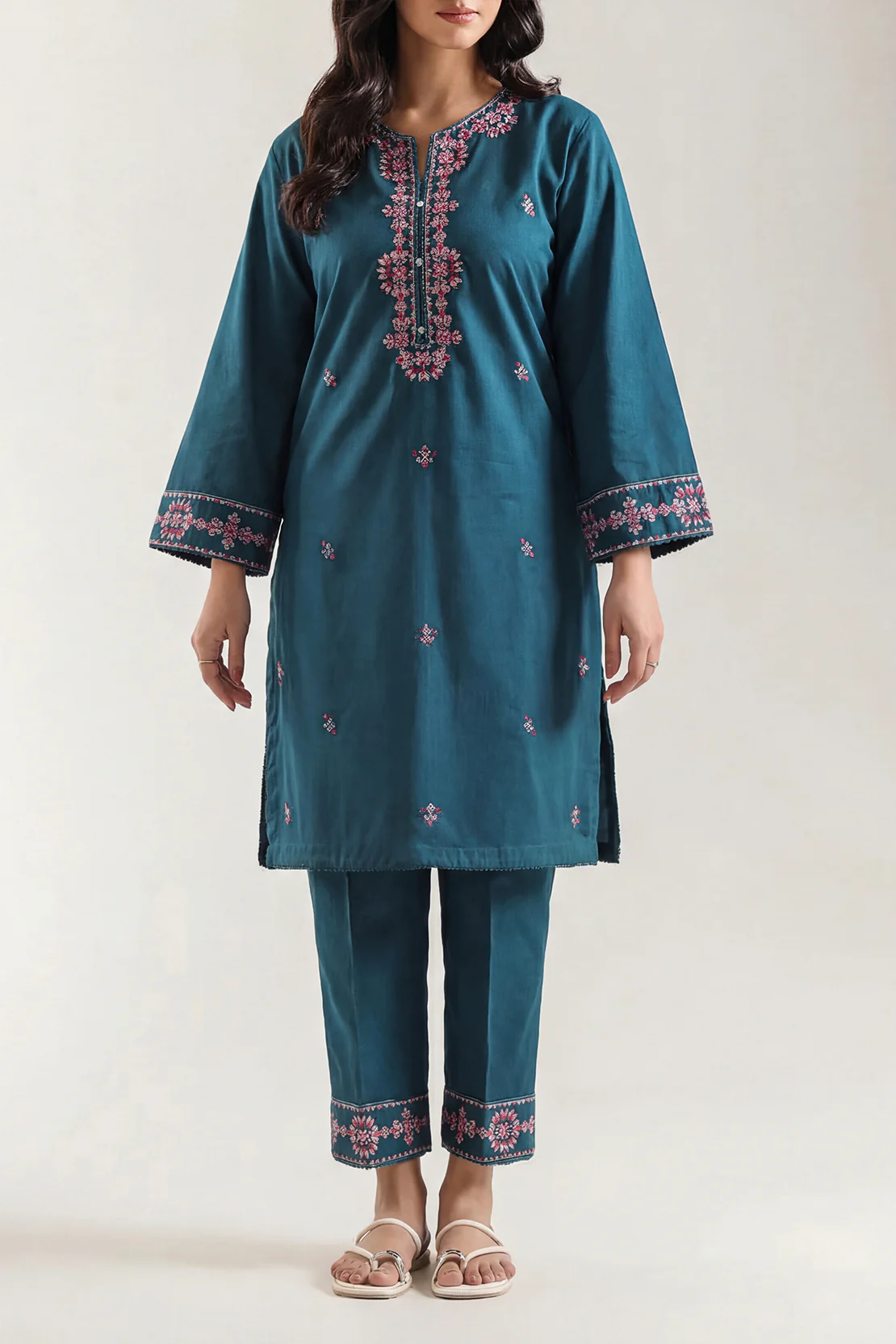 Solid Embroidered Cotton Stitched 2 Piece (Shirt/Trouser)
