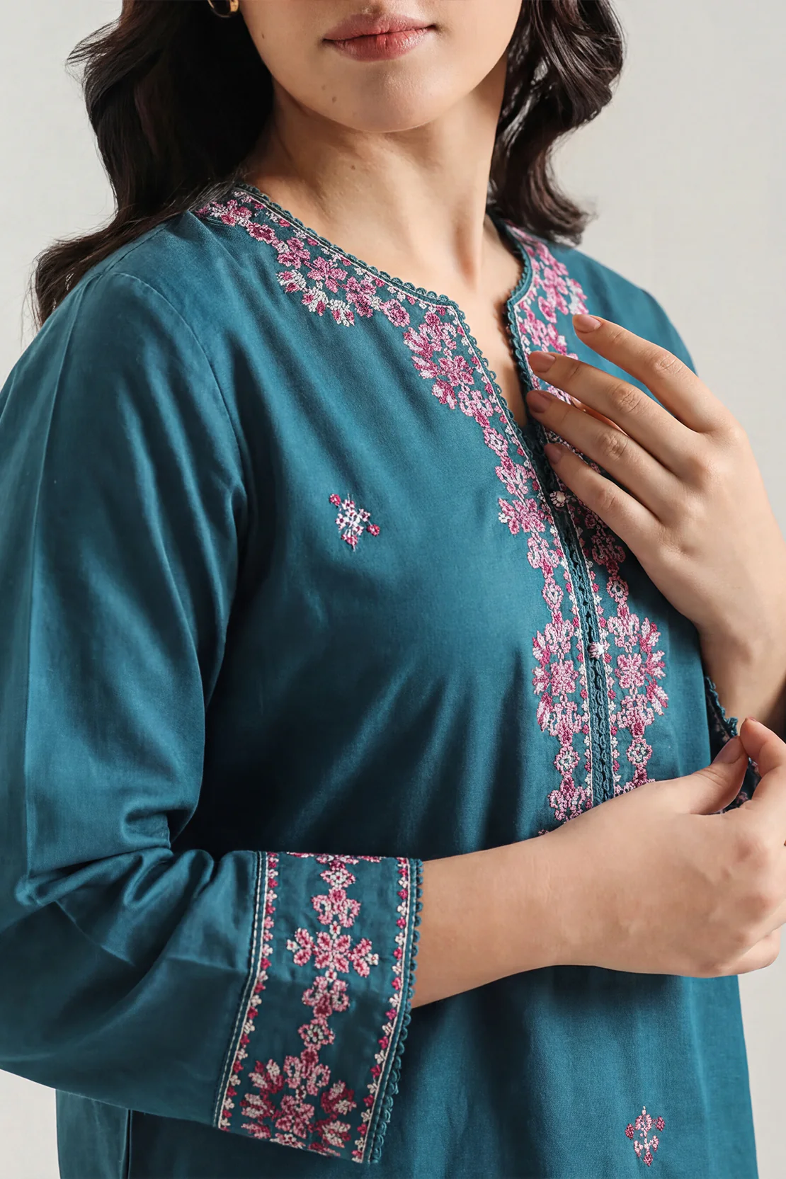Solid Embroidered Cotton Stitched 2 Piece (Shirt/Trouser) - Image 2