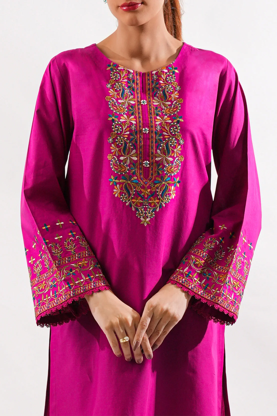 Solid Embroidered Cotton Stitched 2 Piece (Shirt/Trouser) - Image 2