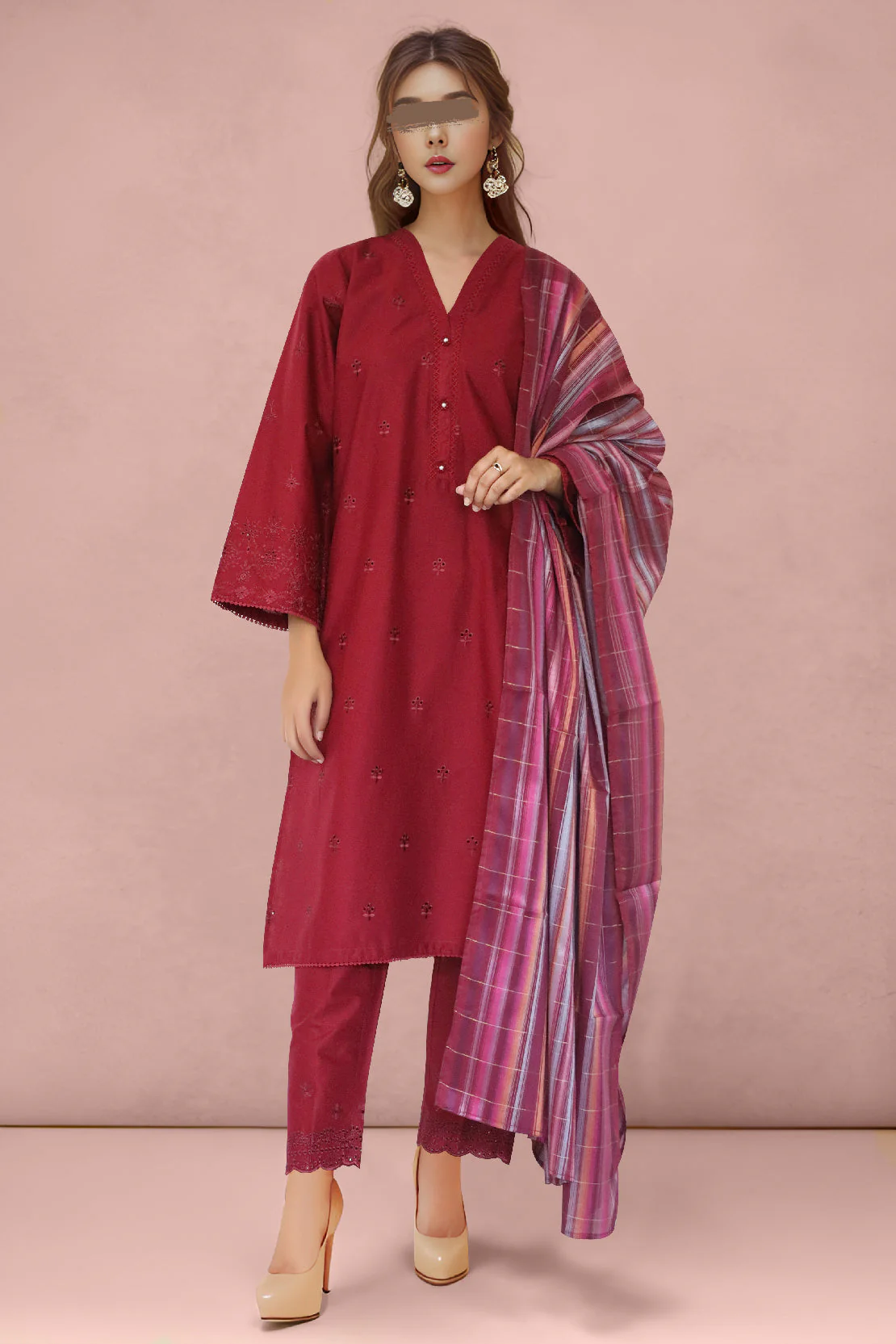 Solid Embroidered Cotton Stitched 3 Piece