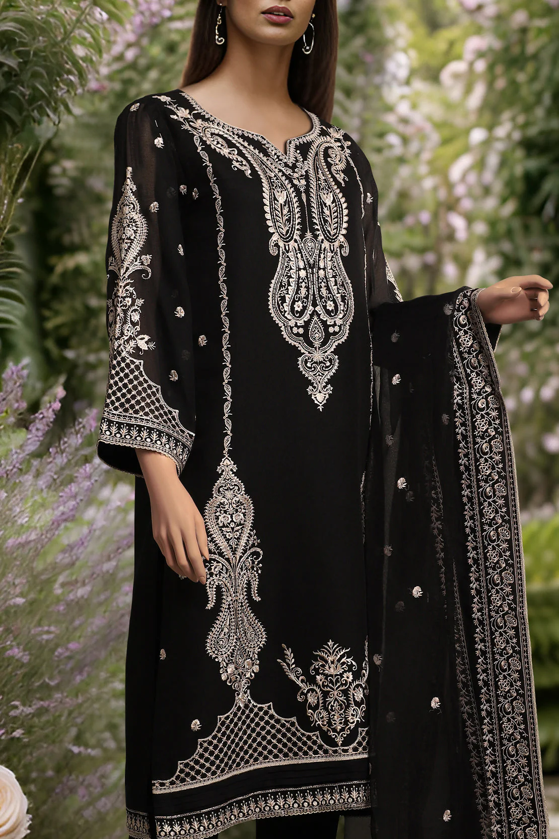 Solid Embroidered Cotton Stitched 3 Piece