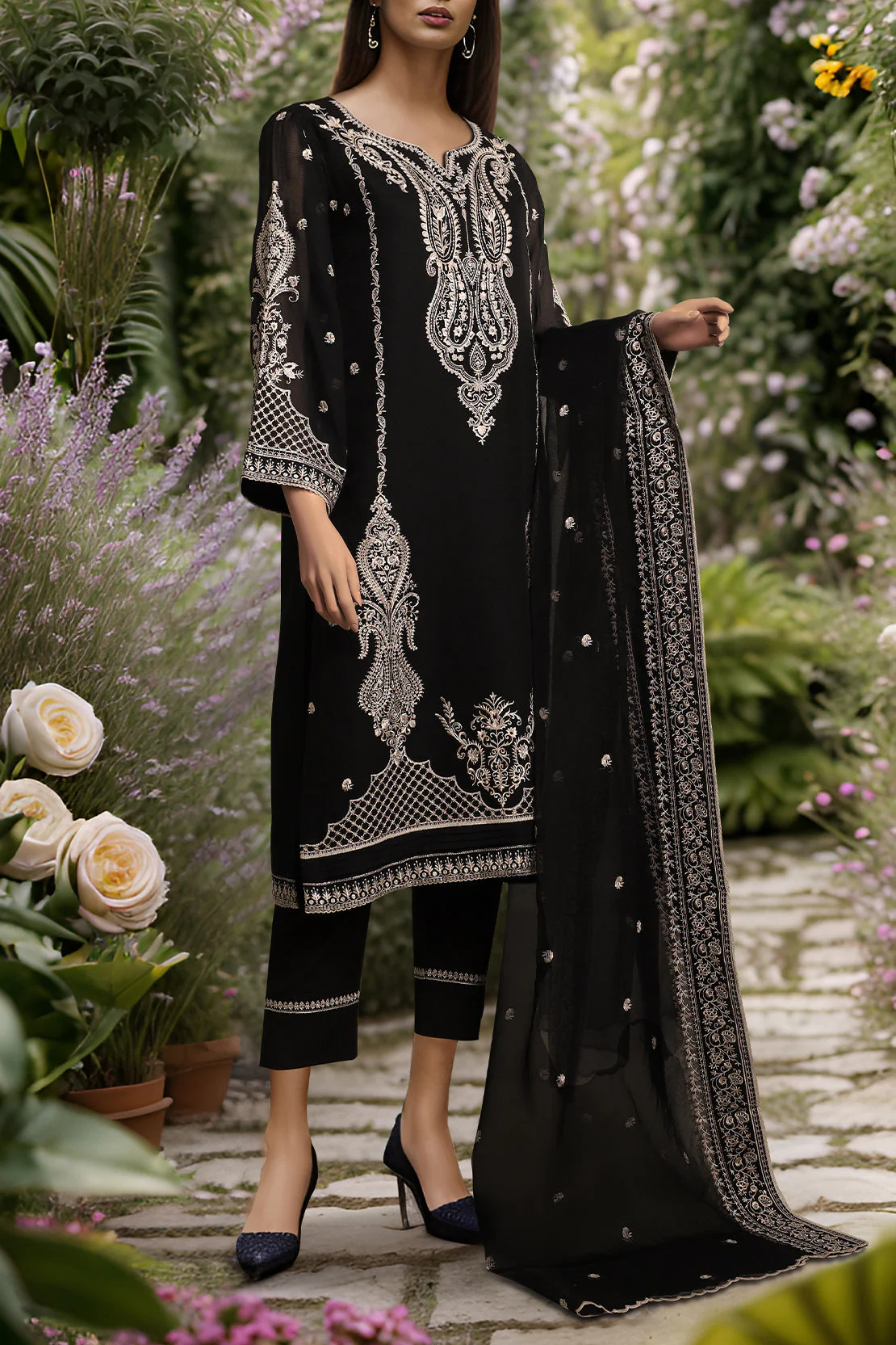 Solid Embroidered Cotton Stitched 3 Piece - Image 2