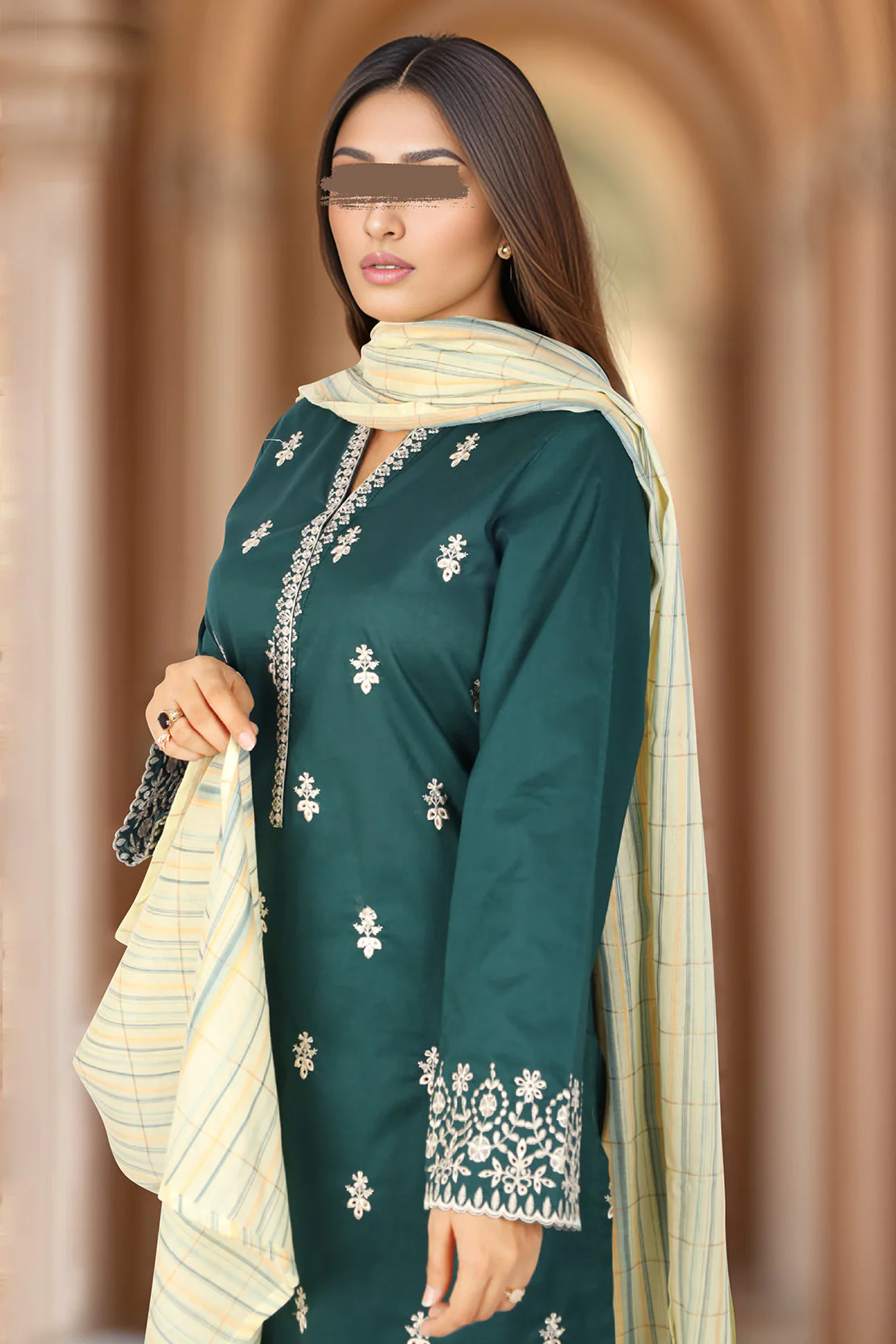 Solid Embroidered Cotton Stitched 3 Piece - Image 2