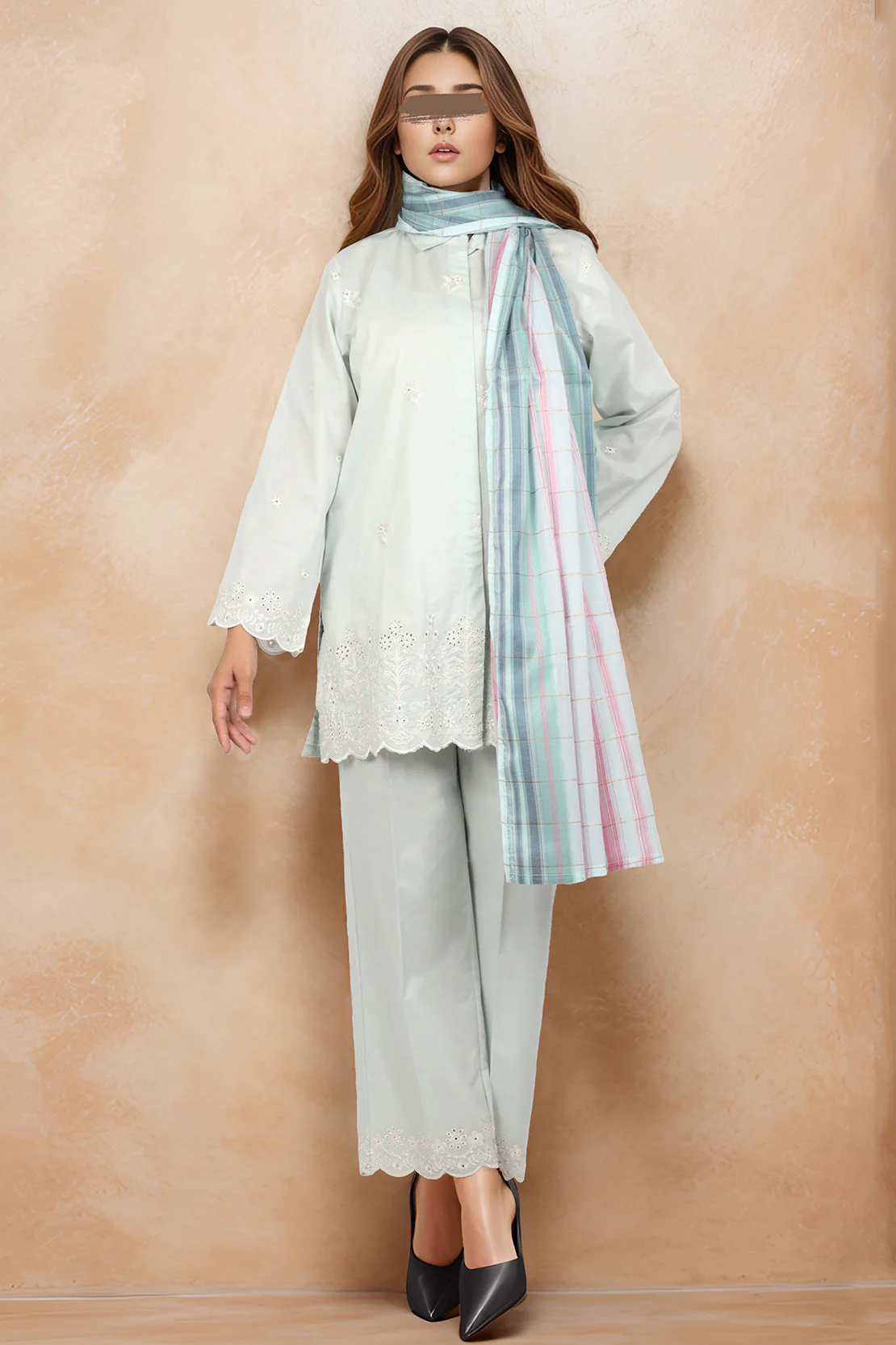 Solid Embroidered Cotton Stitched 3 Piece - Image 2