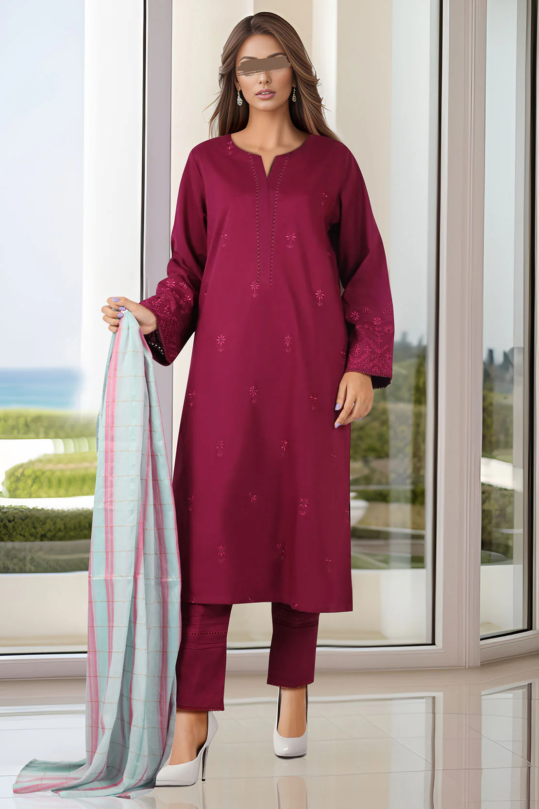 Solid Embroidered Cotton Stitched 3 Piece - Image 2