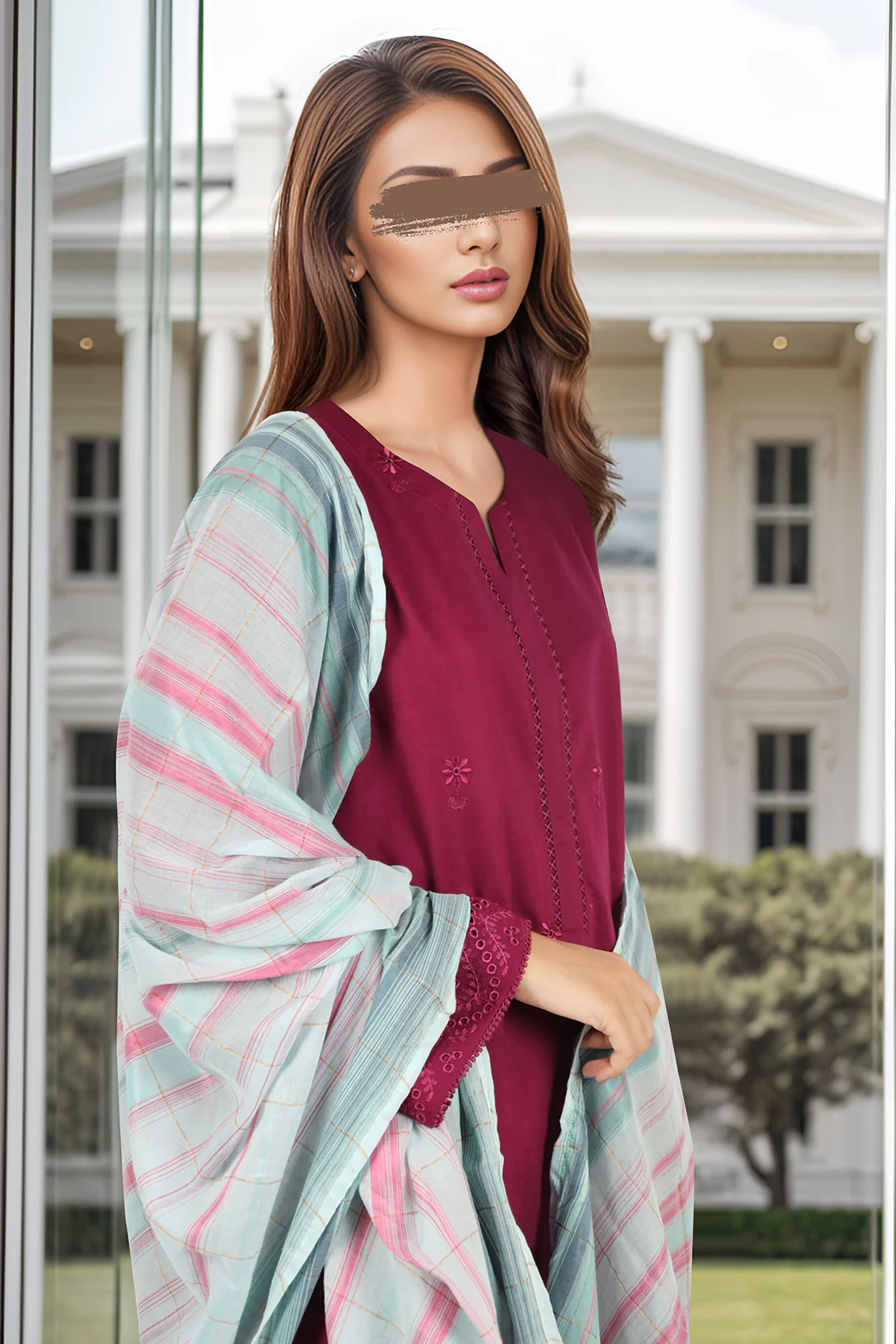 Solid Embroidered Cotton Stitched 3 Piece - Image 3