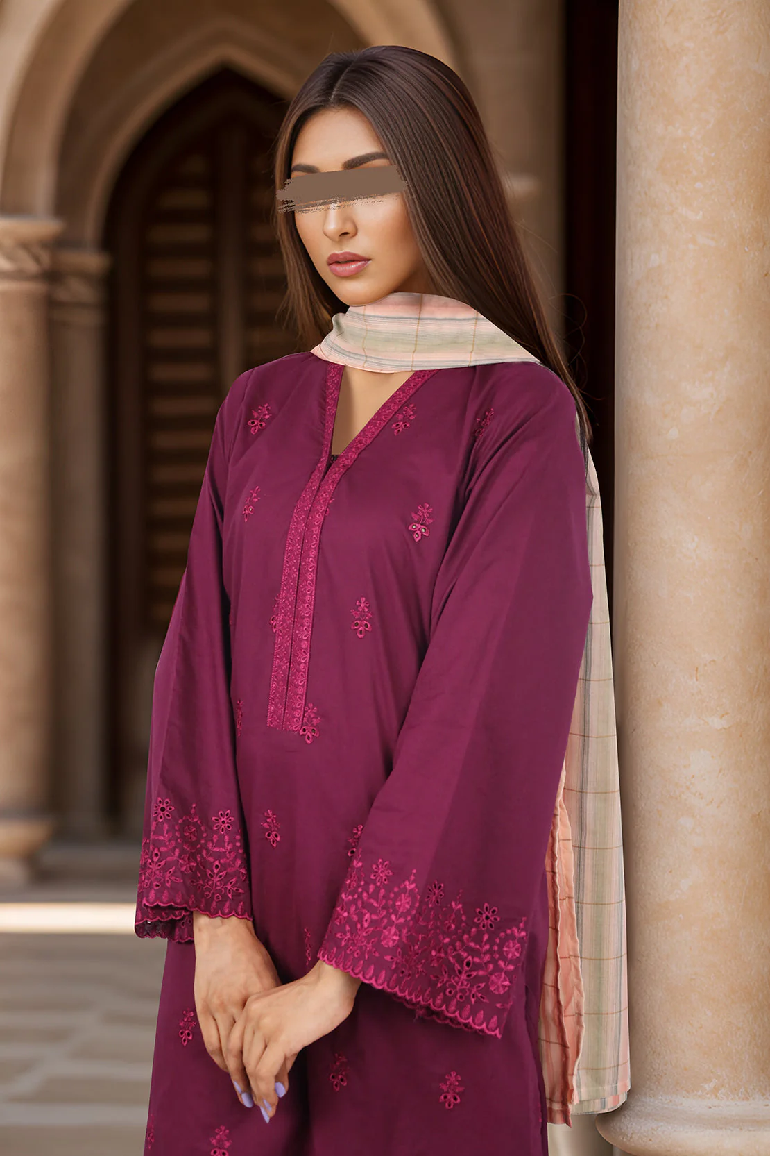 Solid Embroidered Cotton Stitched 3 Piece - Image 2