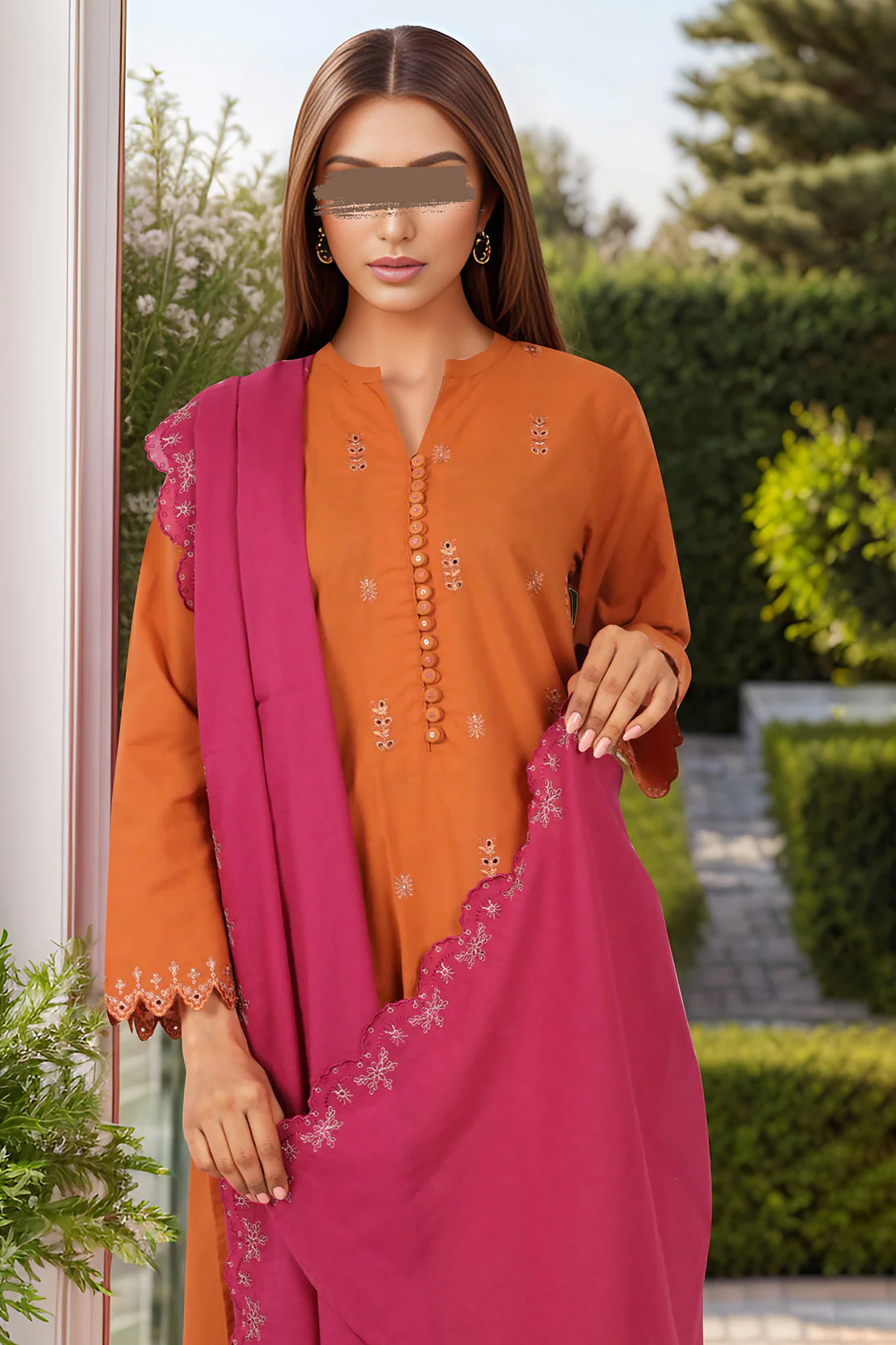 Solid Embroidered Cotton Stitched 3 Piece - Image 2