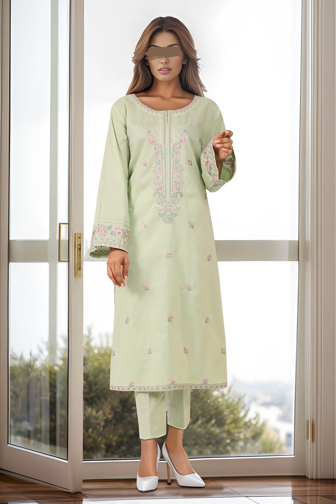 Solid Embroidered Cotton Stitched 3 Piece - Image 2