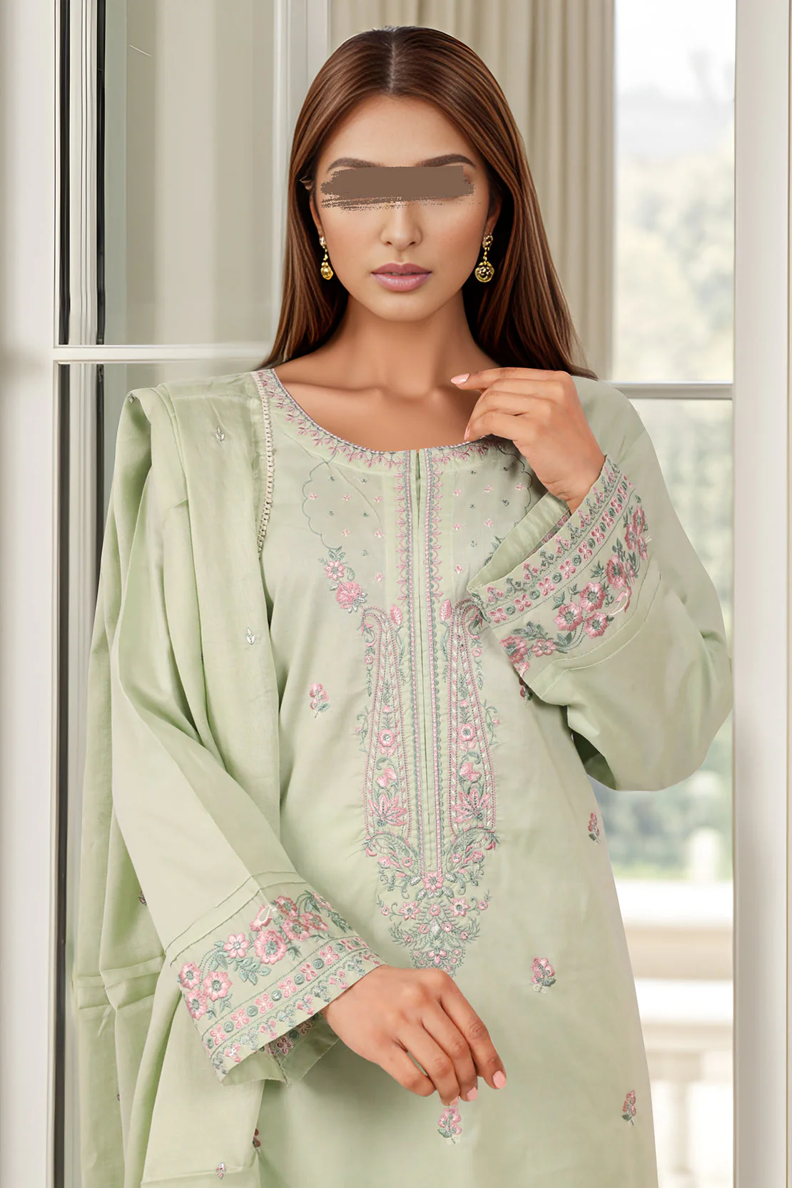 Solid Embroidered Cotton Stitched 3 Piece - Image 3