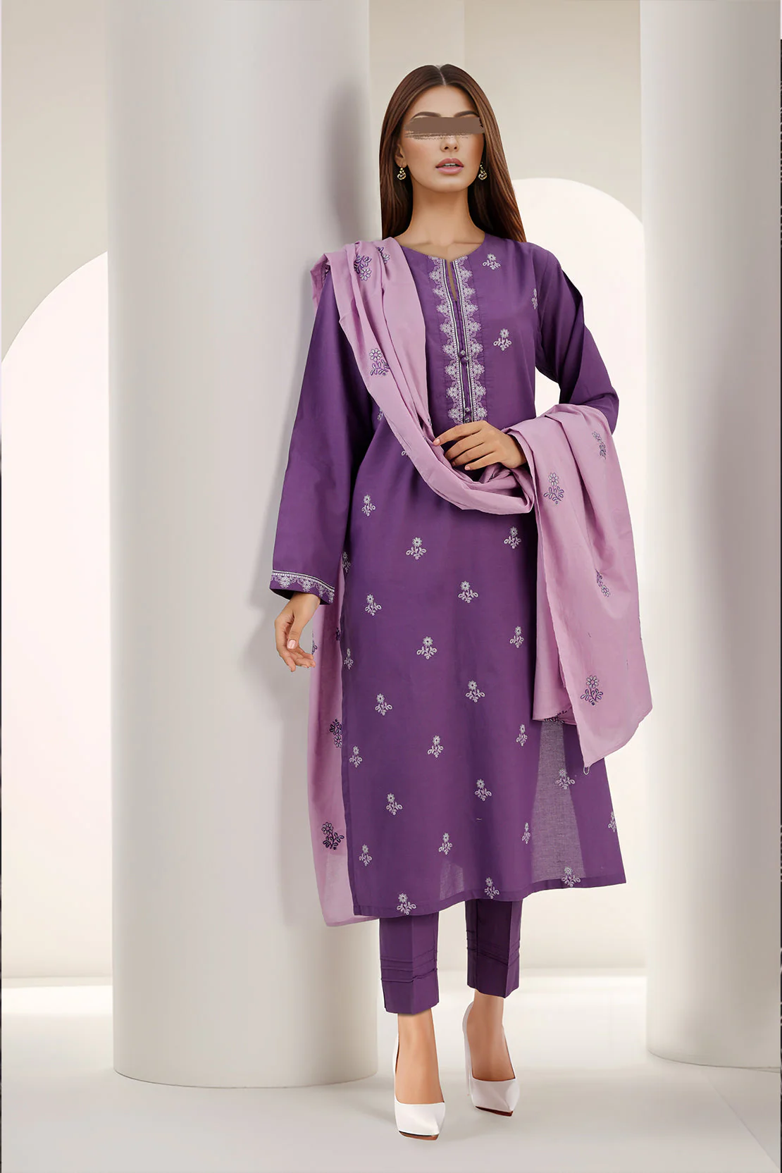 Solid Embroidered Cotton Stitched 3 Piece - Image 2