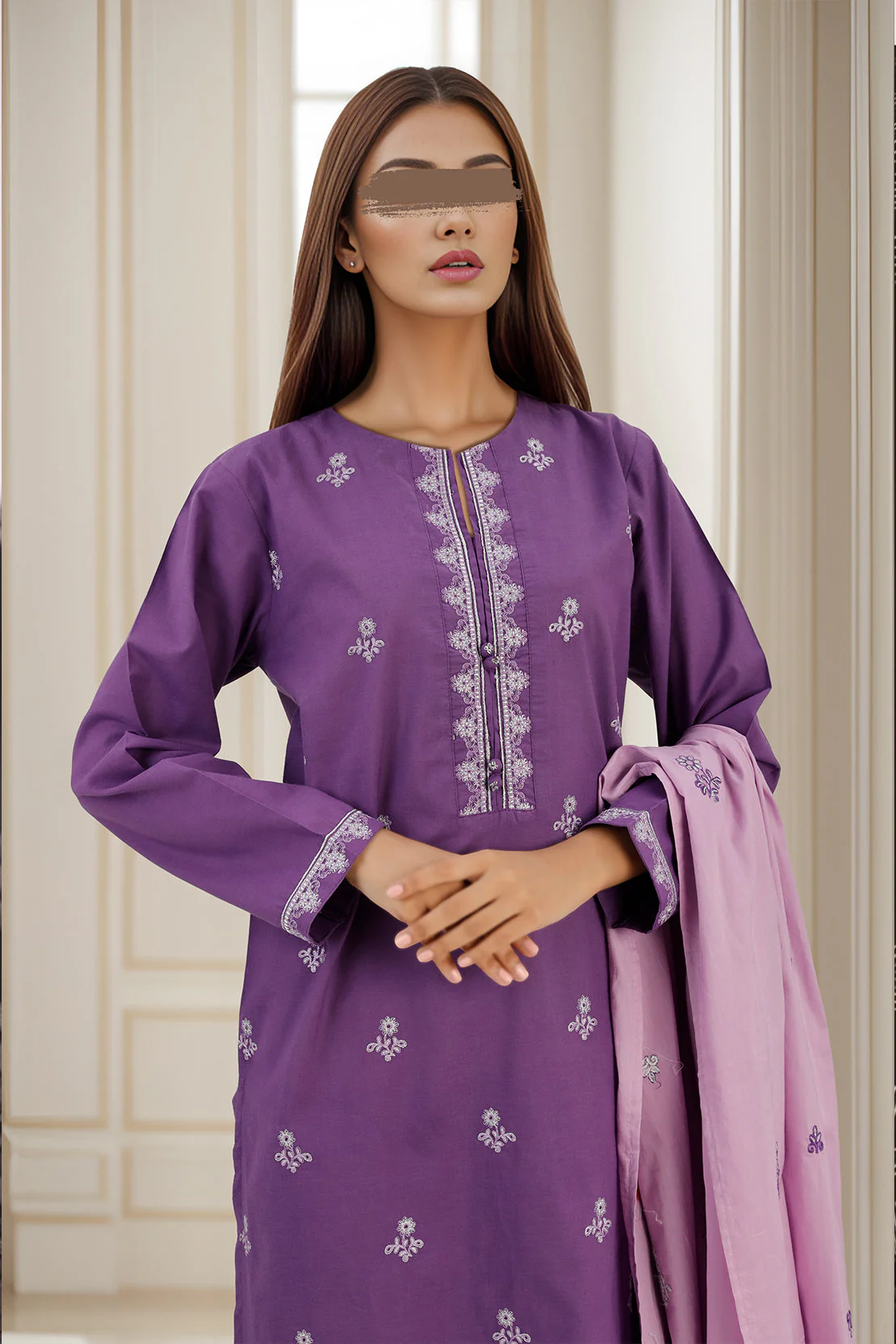Solid Embroidered Cotton Stitched 3 Piece - Image 3