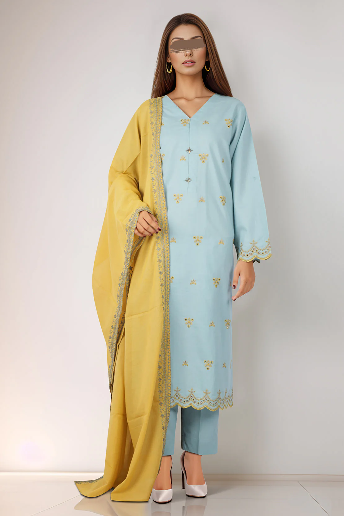 Solid Embroidered Cotton Stitched 3 Piece - Image 2