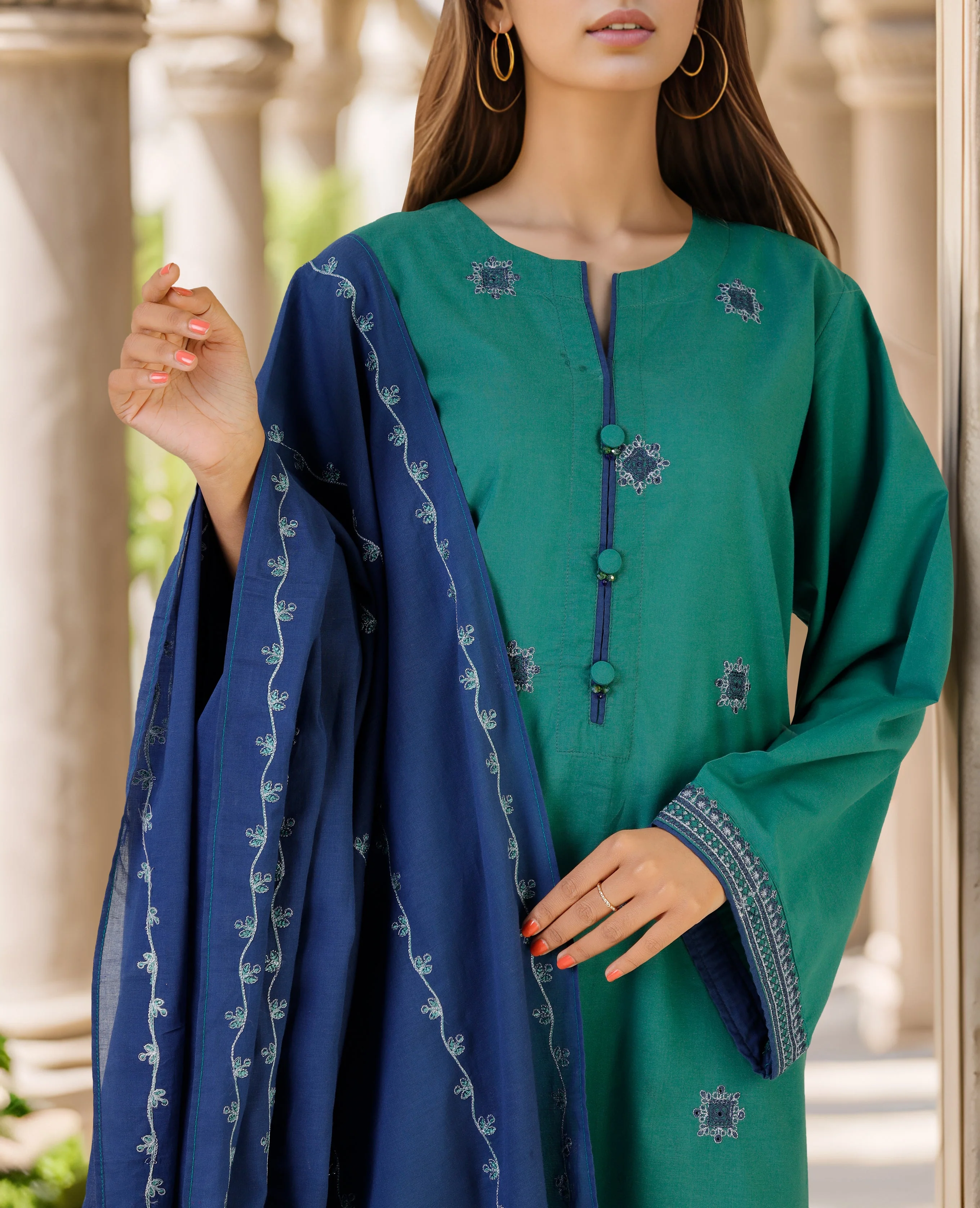 Solid Embroidered Cotton Stitched 3 Piece