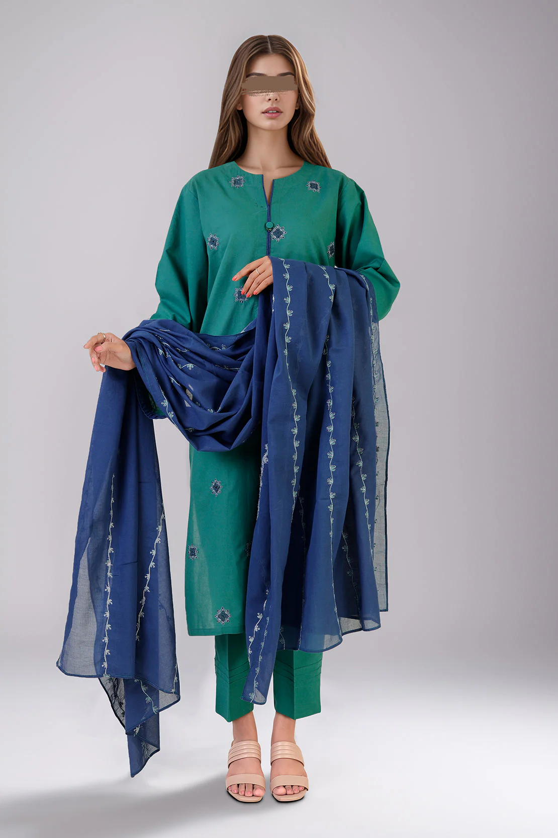 Solid Embroidered Cotton Stitched 3 Piece - Image 2