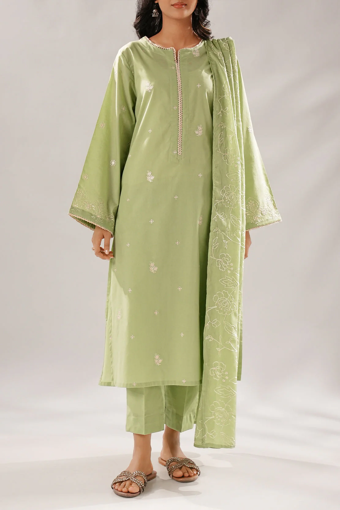 Solid Embroidered Cotton Stitched 3 Piece - Image 2
