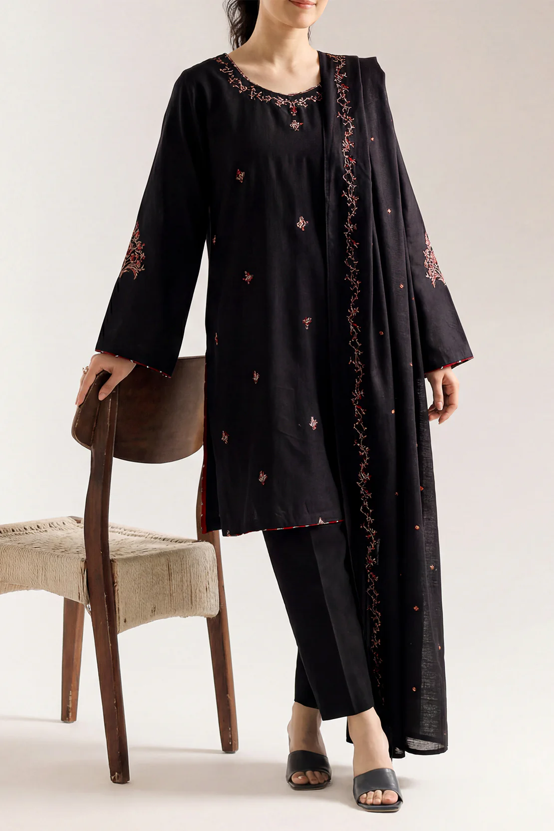 Solid Embroidered Cotton Viscose Stitched 3 Piece