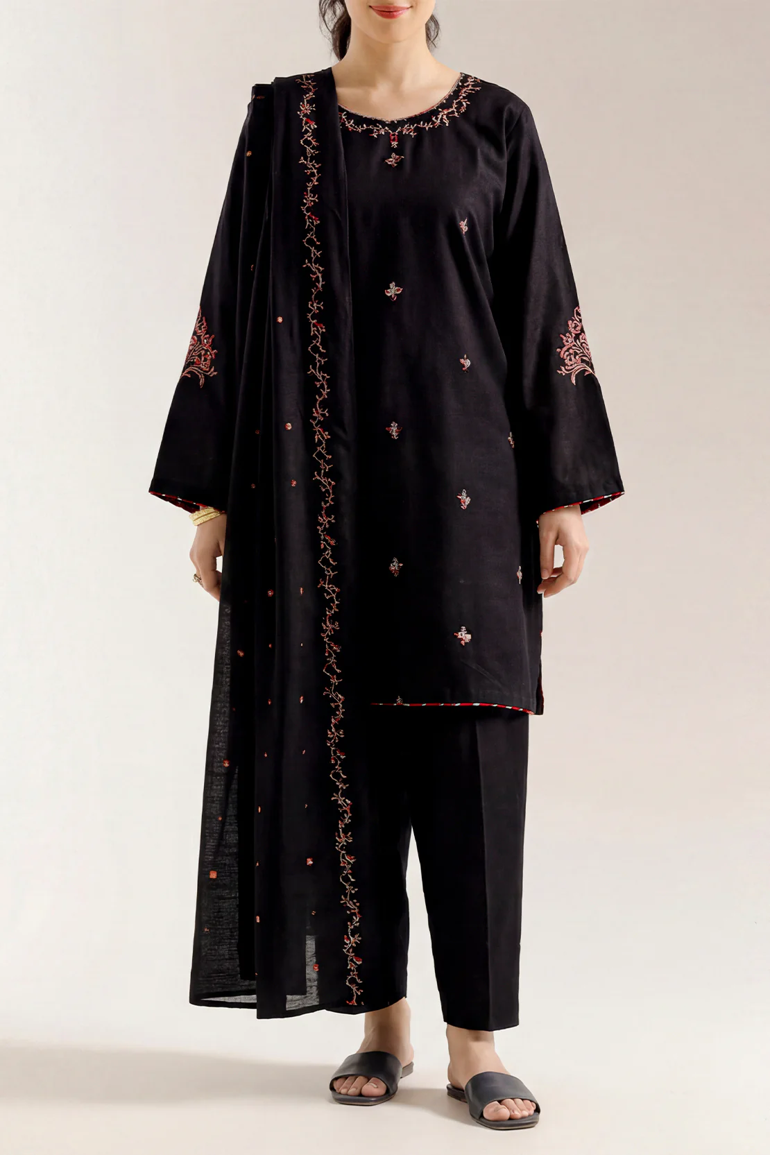 Solid Embroidered Cotton Viscose Stitched 3 Piece - Image 2