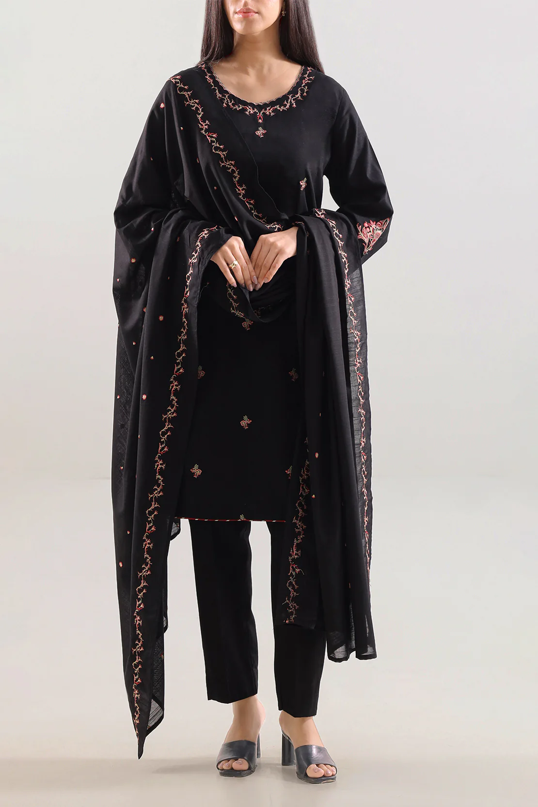 Solid Embroidered Cotton Viscose Stitched 3 Piece - Image 3