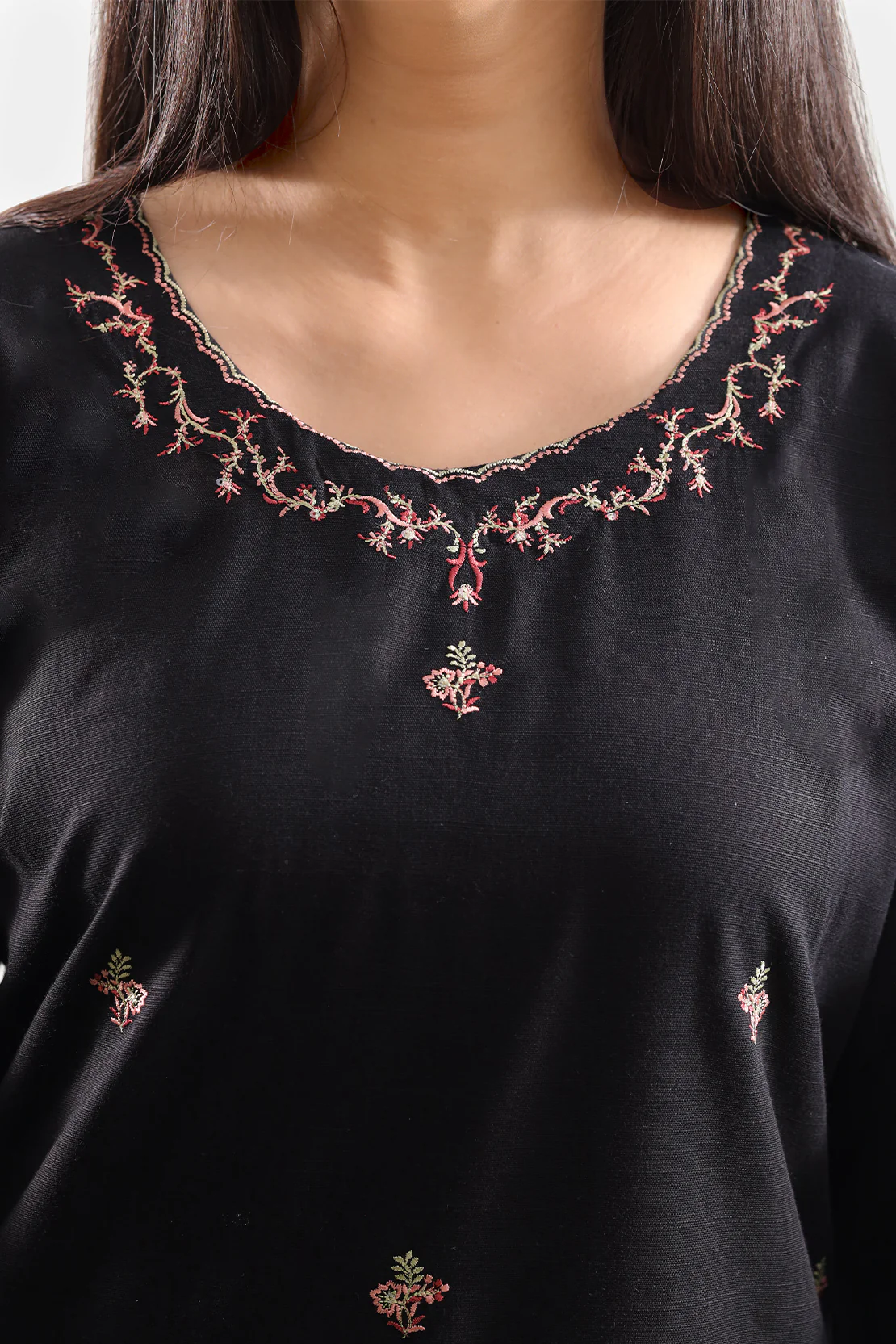 Solid Embroidered Cotton Viscose Stitched 3 Piece - Image 4
