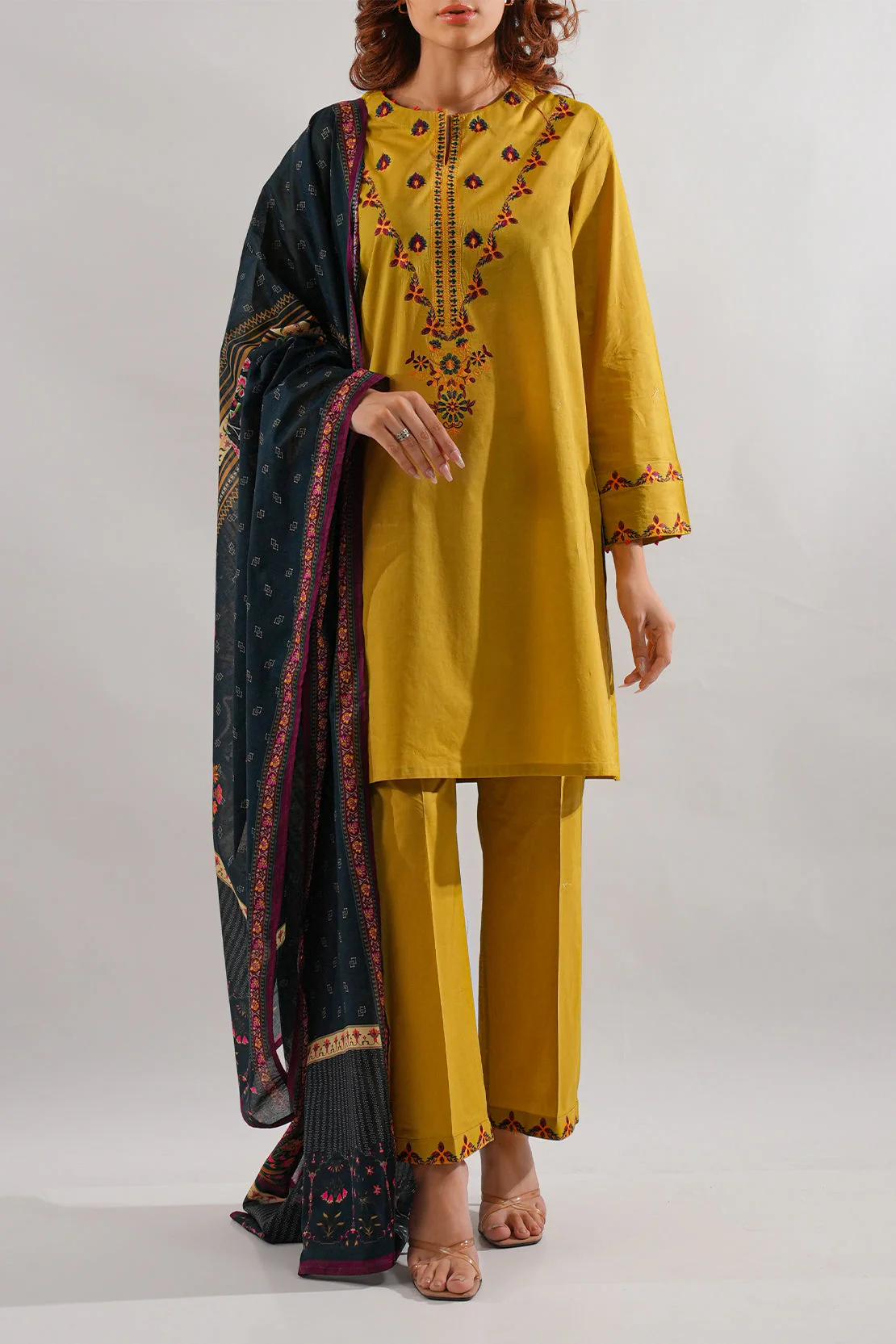 Solid Embroidered Cotton Stitched 3 Piece