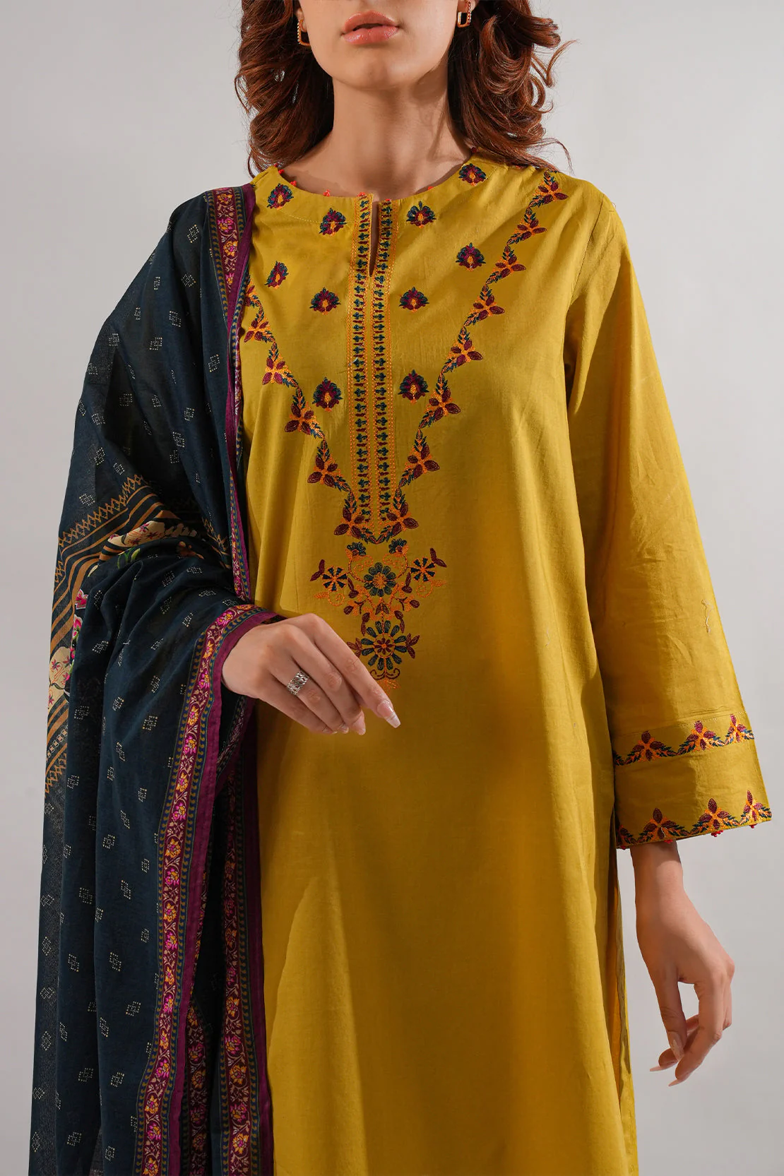 Solid Embroidered Cotton Stitched 3 Piece - Image 2