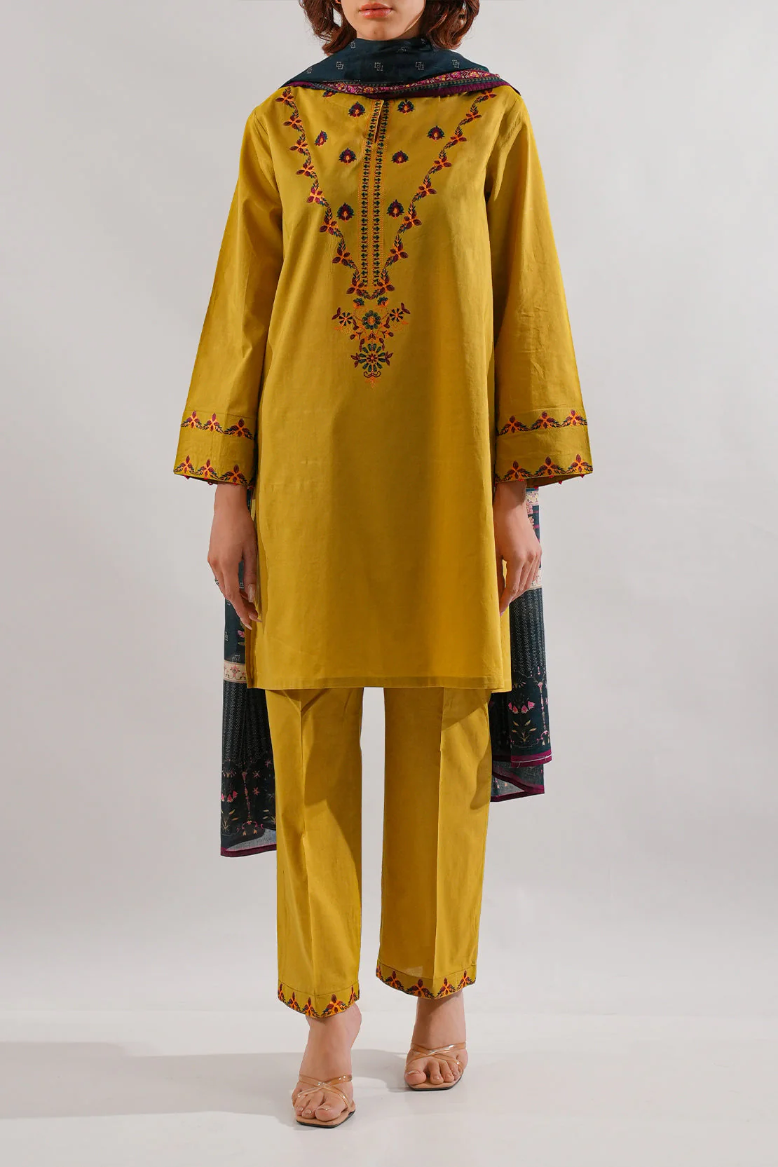 Solid Embroidered Cotton Stitched 3 Piece - Image 3
