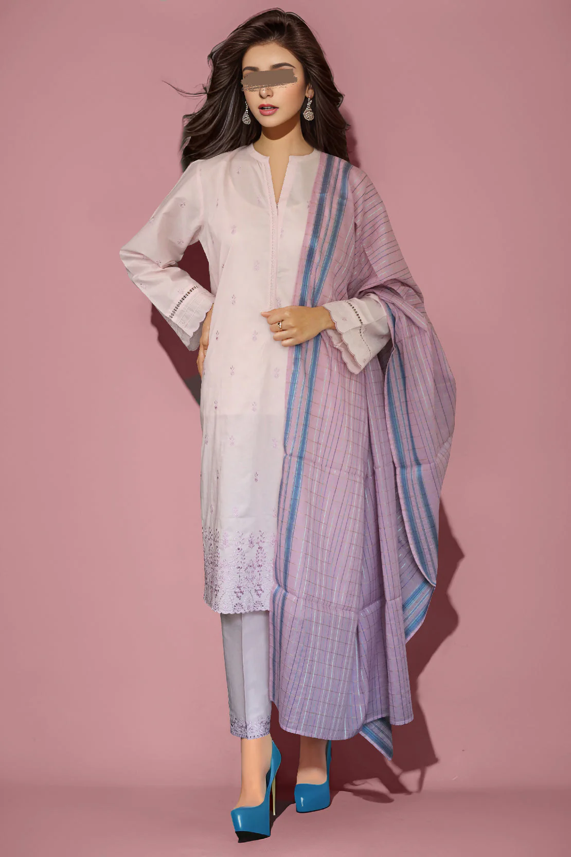 Solid Embroidered Cotton Stitched 3 Piece