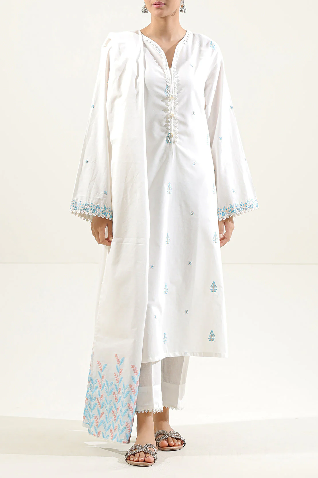 Solid Embroidered Cotton Stitched 3 Piece
