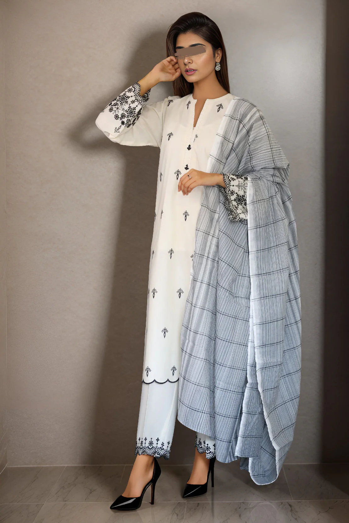 Solid Embroidered Cotton Stitched 3 Piece - Image 2