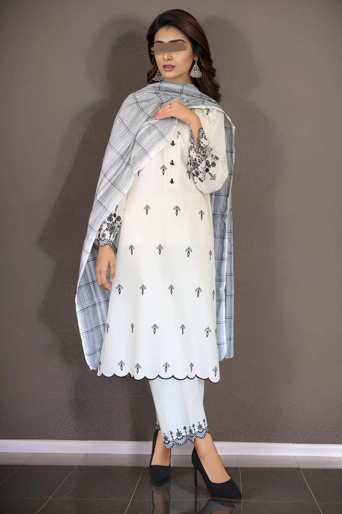 Solid Embroidered Cotton Stitched 3 Piece - Image 3