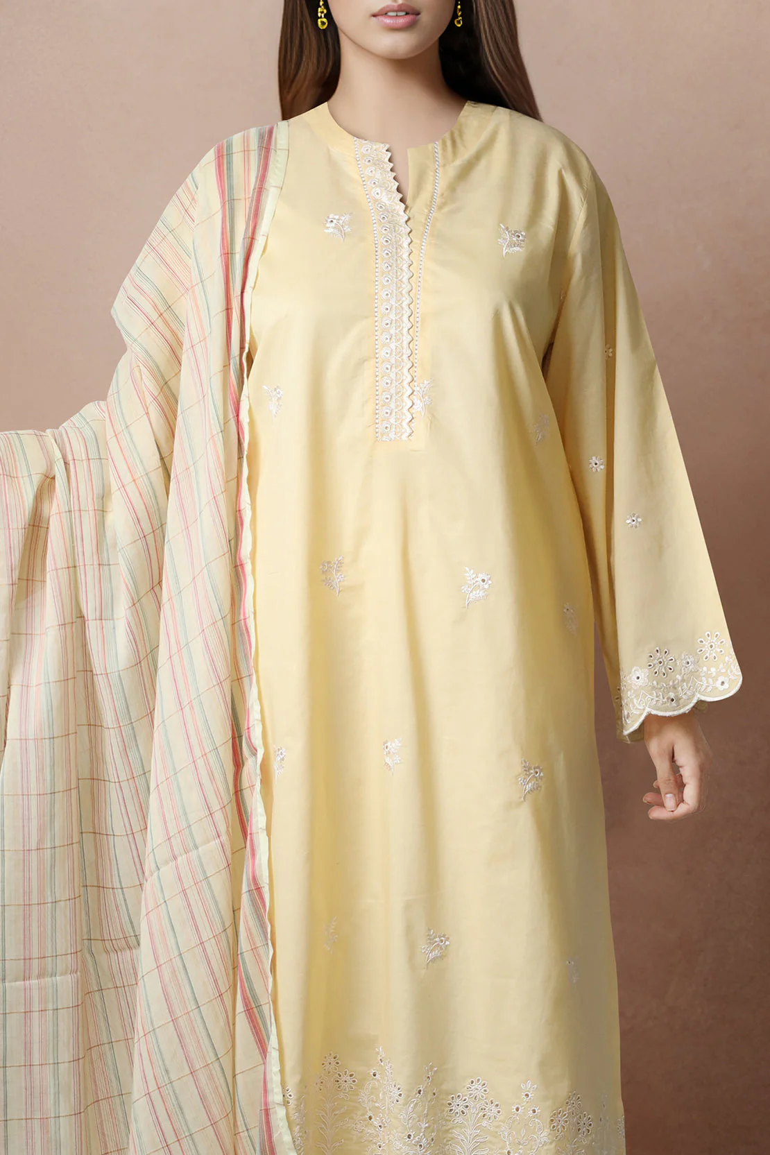 Solid Embroidered Cotton Stitched 3 Piece