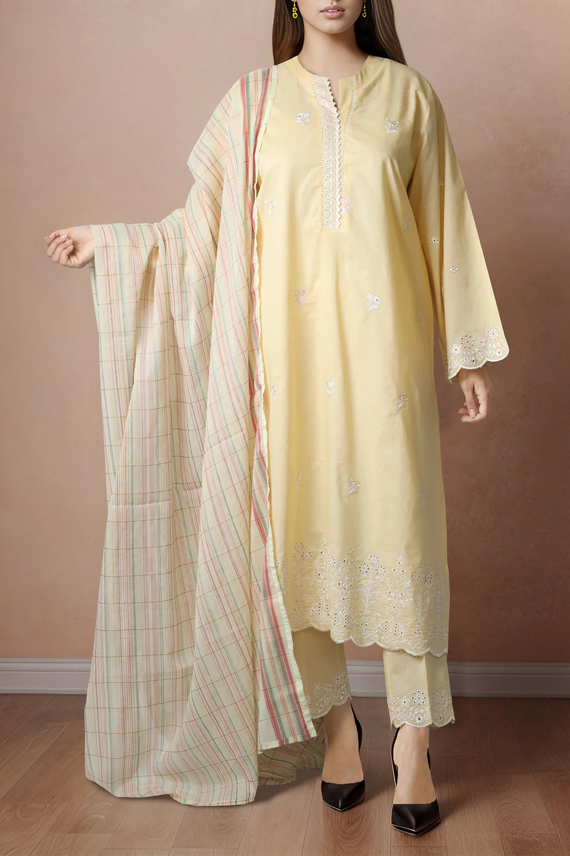 Solid Embroidered Cotton Stitched 3 Piece - Image 2