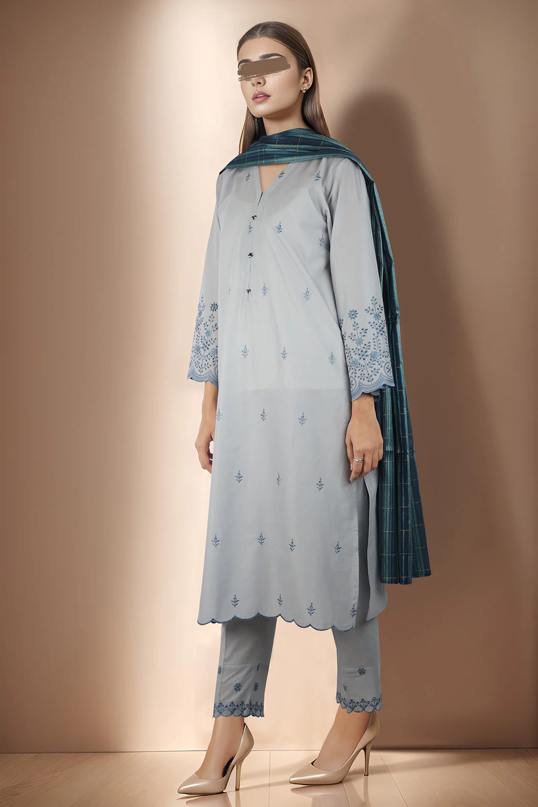 Solid Embroidered Cotton Stitched 3 Piece - Image 2