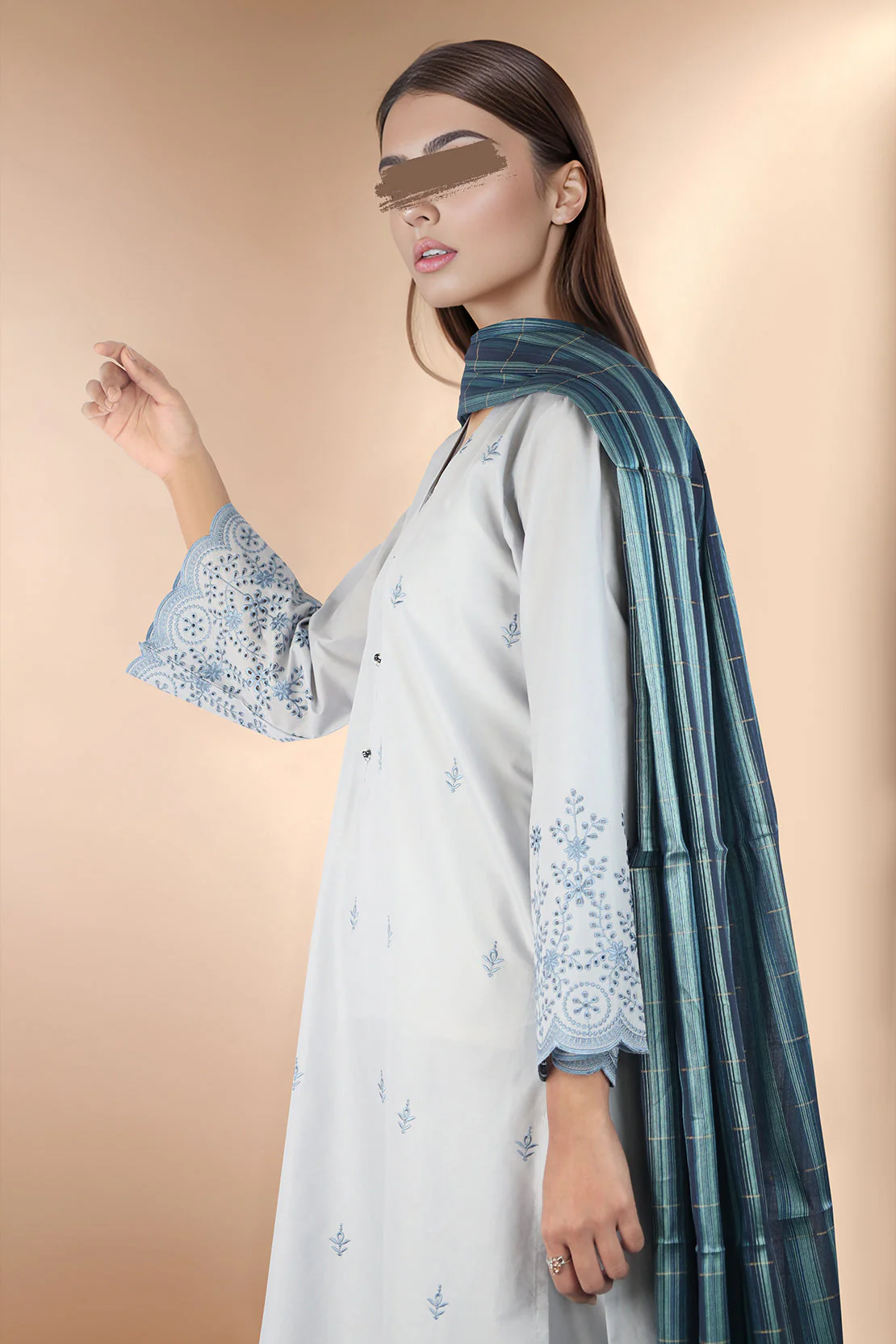 Solid Embroidered Cotton Stitched 3 Piece - Image 3
