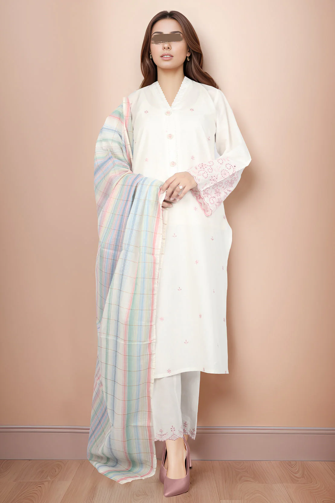 Solid Embroidered Cotton Stitched 3 Piece - Image 2