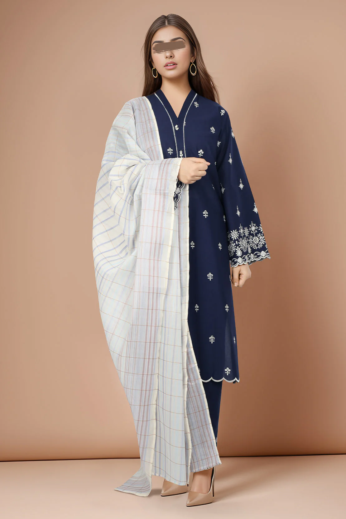 Solid Embroidered Cotton Stitched 3 Piece - Image 2