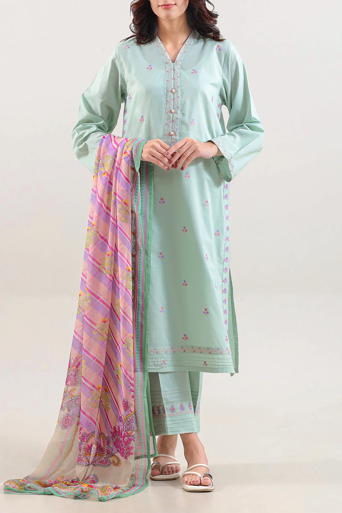 Solid Embroidered Cotton Stitched 3 Piece With Chiffon Dupatta