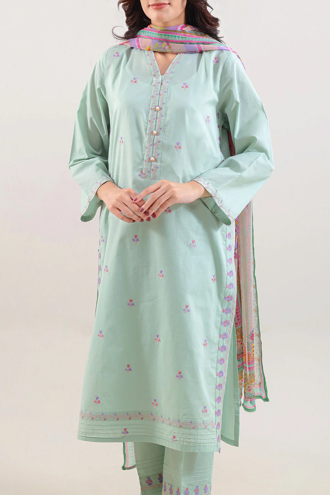 Solid Embroidered Cotton Stitched 3 Piece With Chiffon Dupatta - Image 2